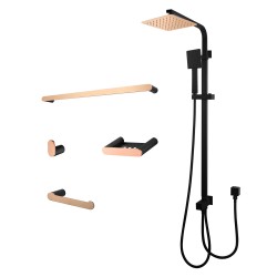 8 Inch Rose Gold & Black Square Bathroom Hardware Set - Twin Shower, Robe Hook, Soap Dish, Toilet Paper Holder, Towel Rail